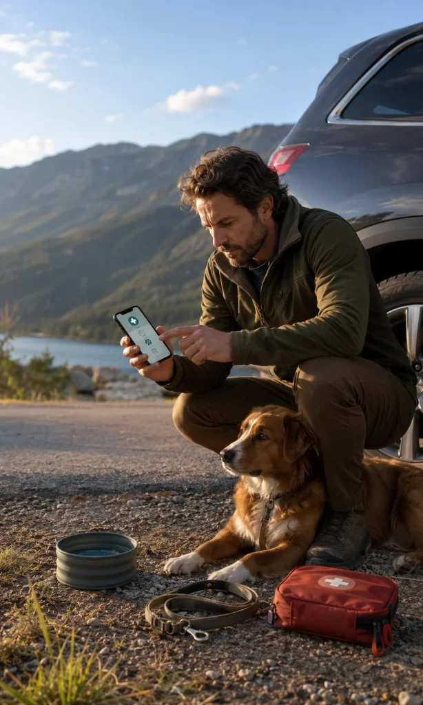 Dog owner using a pet first aid app while travelling with a dog