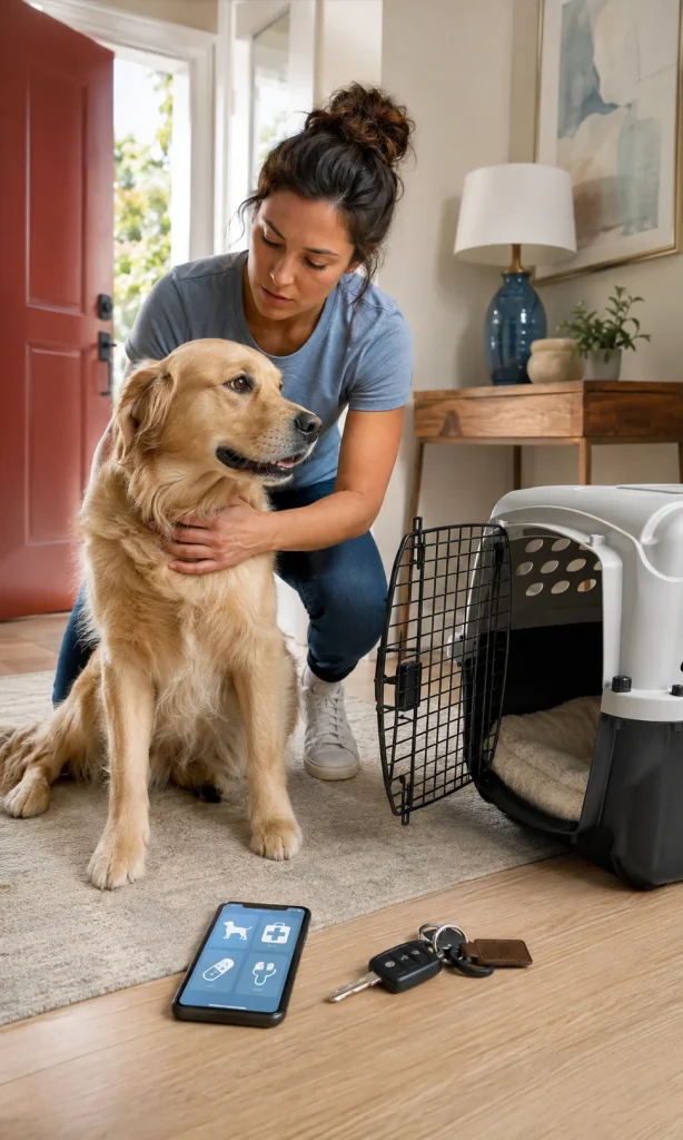 Pet owner providing basic first aid before taking a dog to veterinary care