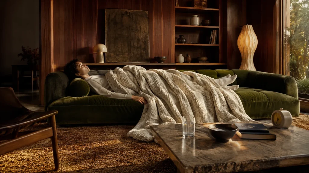 Adult resting in a retro bedroom representing fatigue and physical heaviness associated with depression