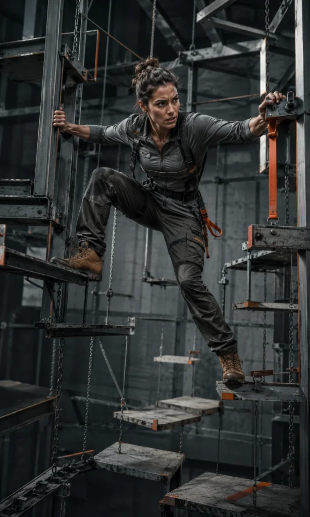 Centered woman climbing through a suspended route of uneven platforms and mechanical steps that symbolise difficulty with planning and sequencing