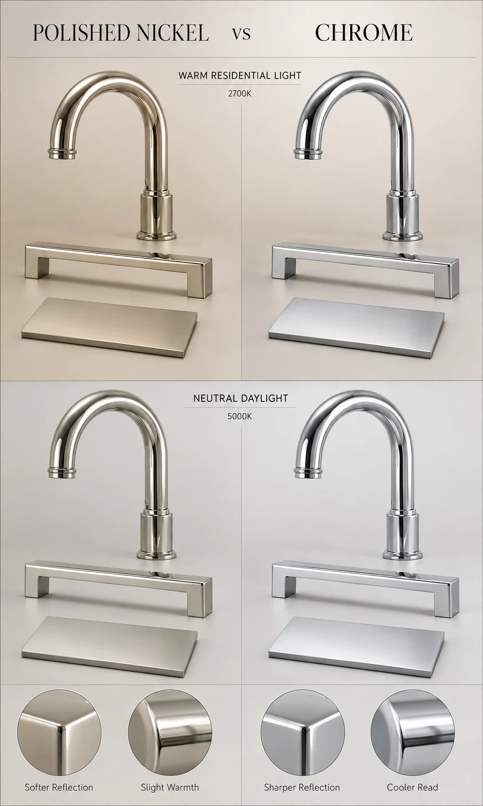 Close-up comparison of polished nickel and chrome under identical lighting