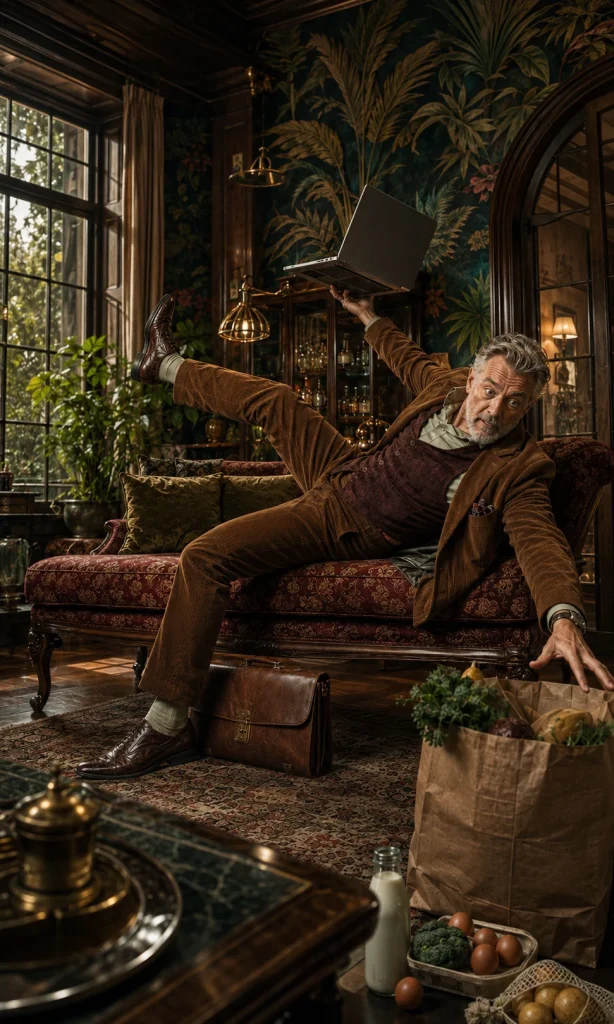 Businessman collapsing theatrically at home after work while still holding his laptop and briefcase