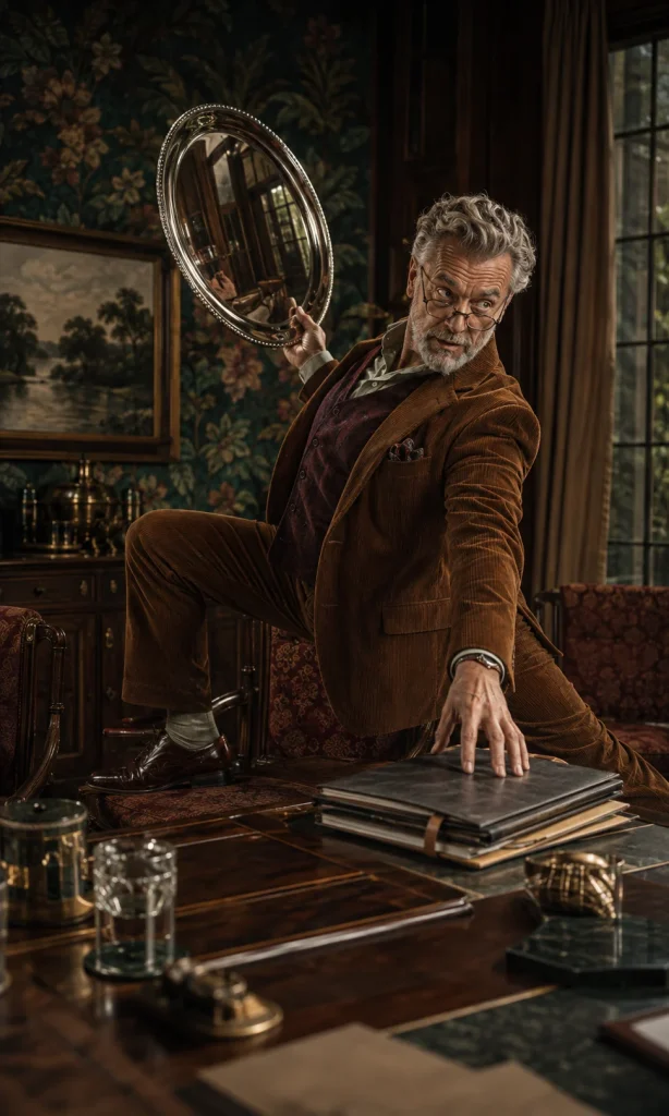 Polished professional balancing presentation folders while his expression reveals strain