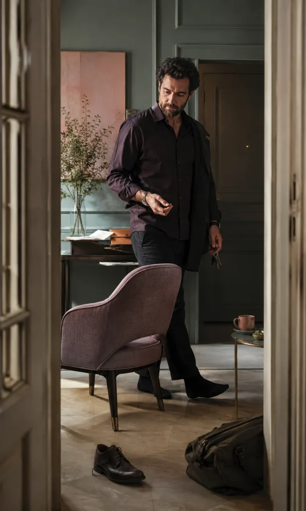 Restless adult repeatedly standing and shifting beside an unused chair during psychomotor agitation