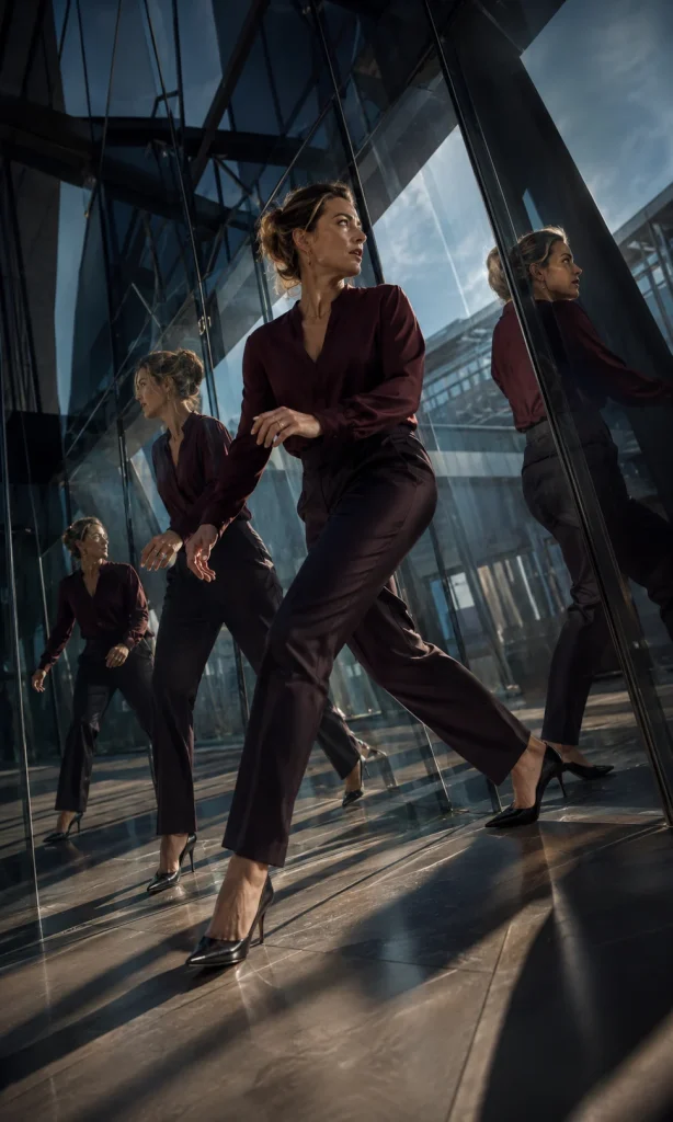 Woman seen across sequential architectural reflections representing how patterns of thinking and movement delays can be observed over time.