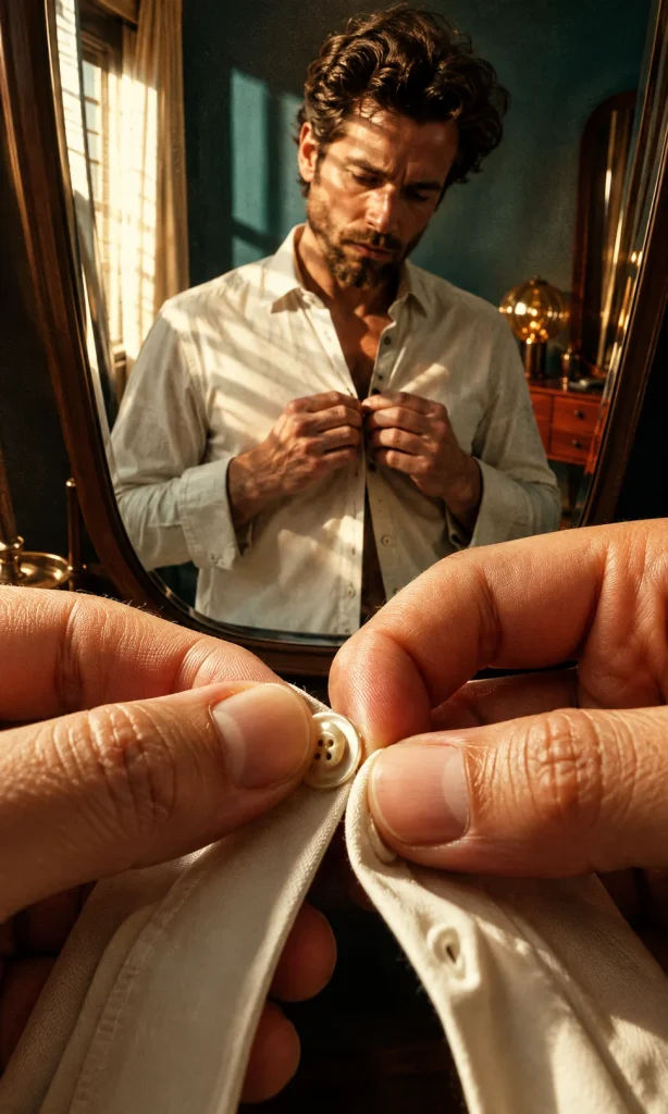 Person slowly buttoning a shirt during an everyday morning routine