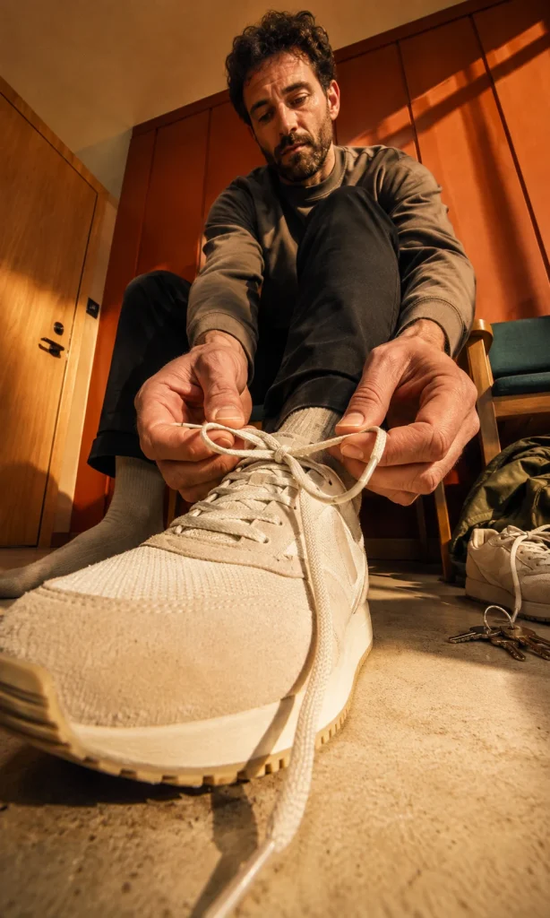 Person slowly tying a shoe as an example of reduced movement speed