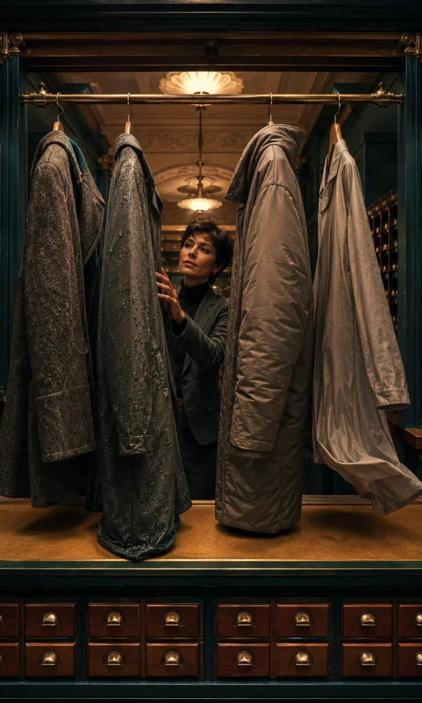 Person examining similar coats with different weights and textures