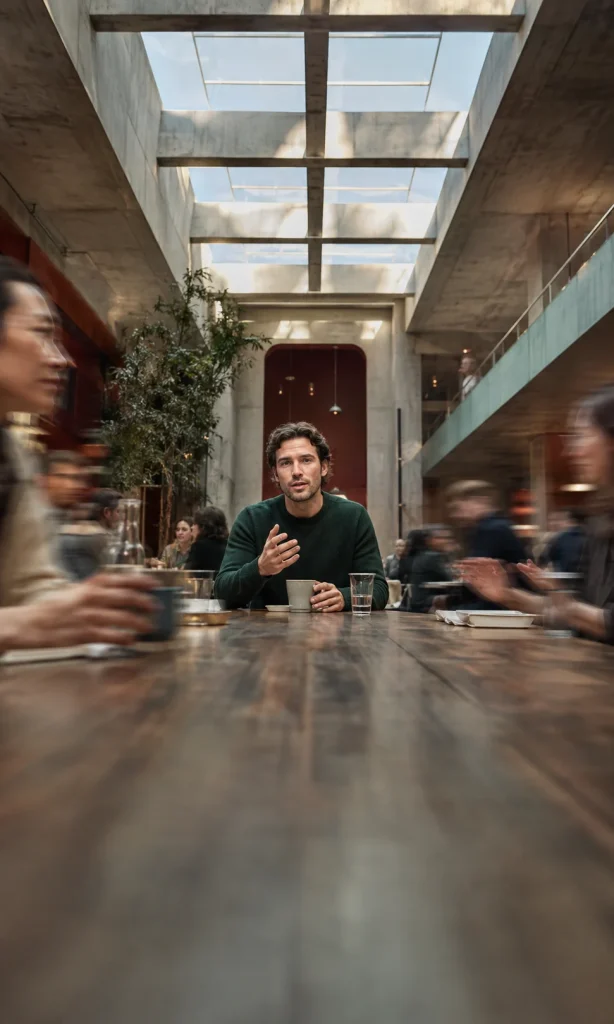 Adult pausing during conversation while surrounding movement appears faster, illustrating psychomotor slowing in depression