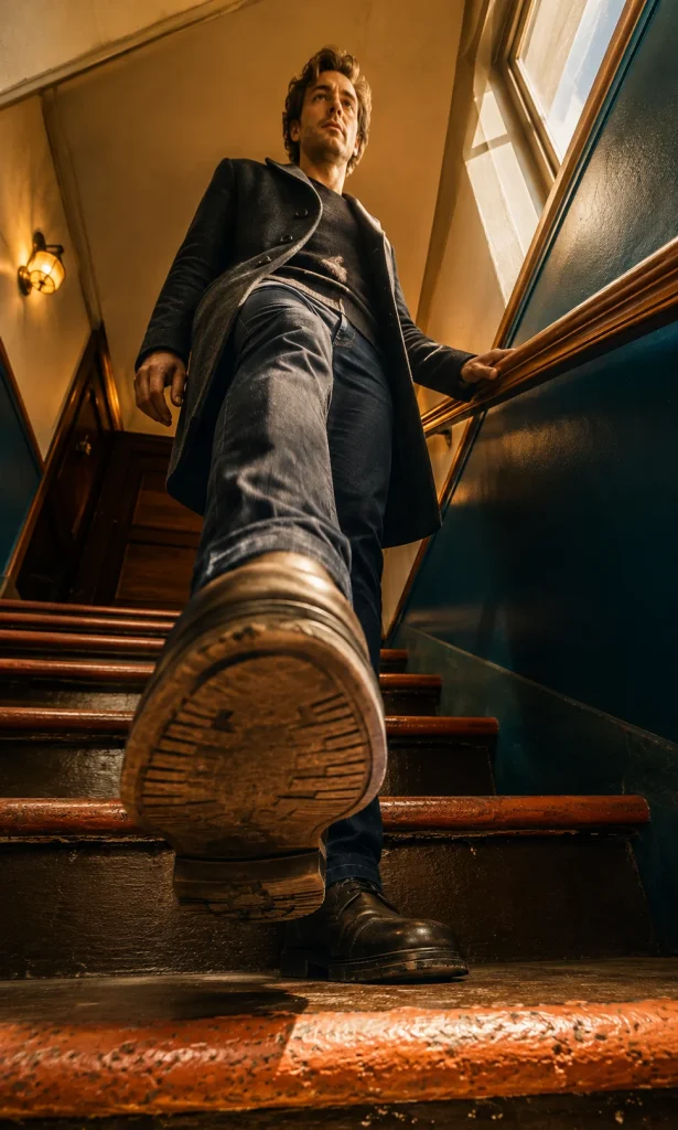 Person taking a deliberate step upward while recovering from slowed movement