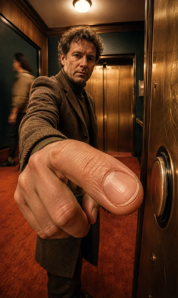 Person hesitating before pressing an elevator button