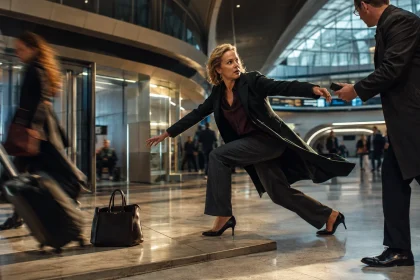 Centered woman caught between delayed physical movement and competing mental demands, illustrating psychomotor slowing versus cognitive slowing.