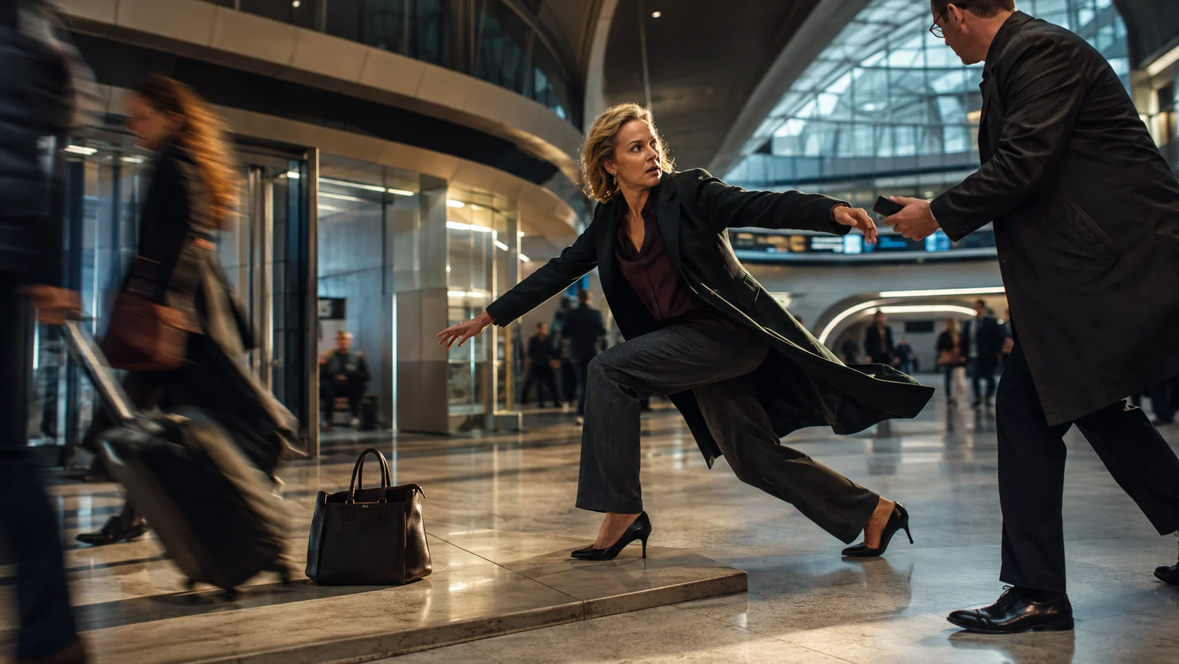 Centered woman caught between delayed physical movement and competing mental demands, illustrating psychomotor slowing versus cognitive slowing.