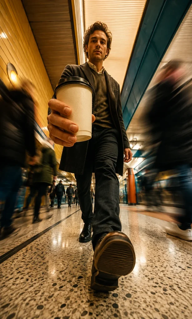 Person walking slowly while commuters move quickly around them