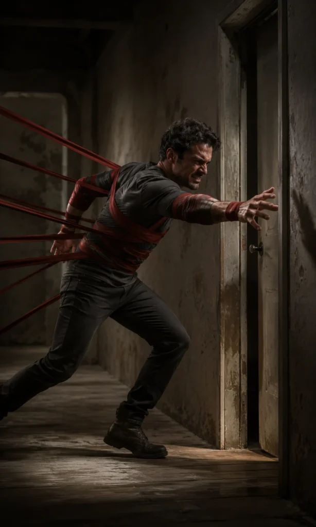 Man lunging forward in a hallway while fabric bands pull him backward, illustrating difficulty starting a simple task
