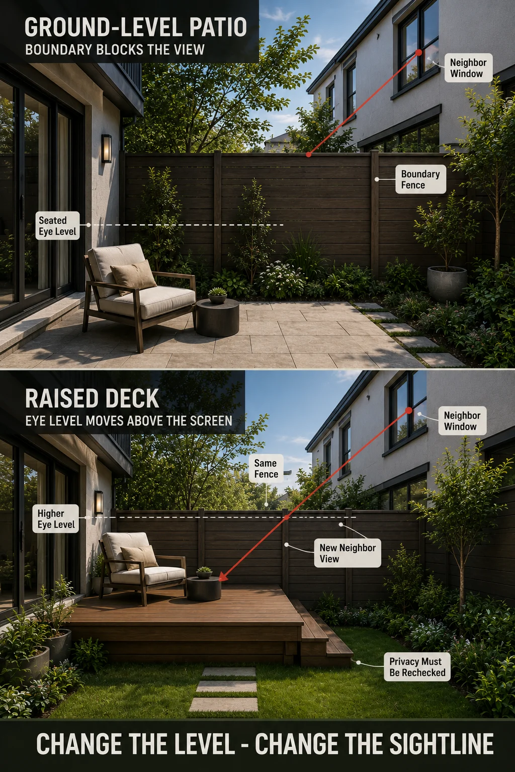 Privacy diagram showing how raising a garden deck creates new sightlines over an existing fence toward neighboring windows