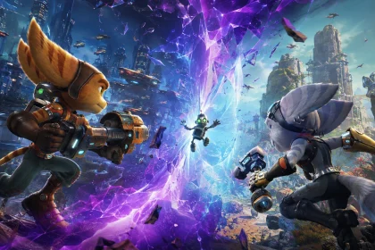 Ratchet and Rivet separated by a dimensional rift between two futuristic worlds