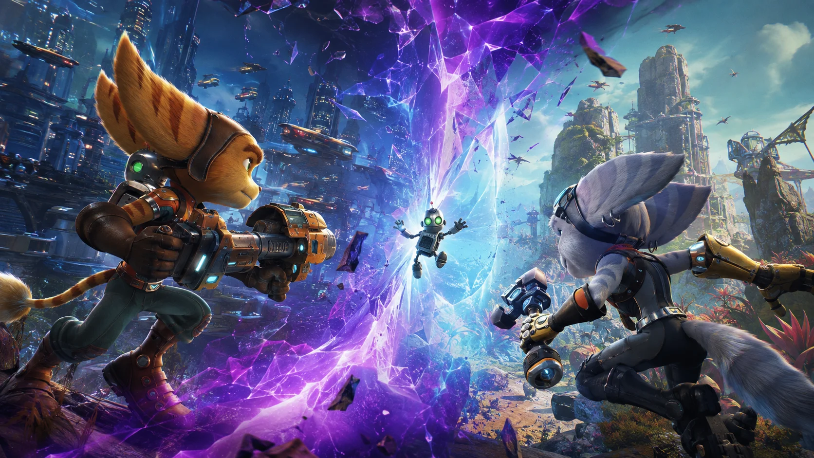 Ratchet and Rivet separated by a dimensional rift between two futuristic worlds