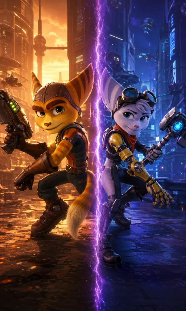 Ratchet and Rivet standing in parallel futuristic dimensions