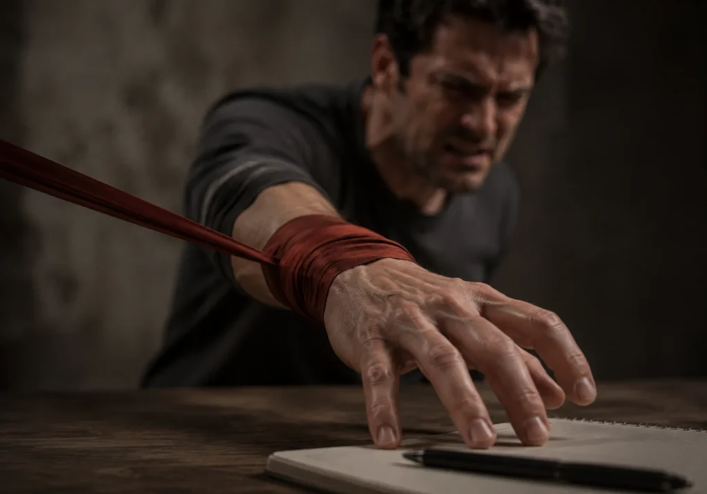 Close-up of a man reaching toward a notebook while red bands around his wrist hold him back