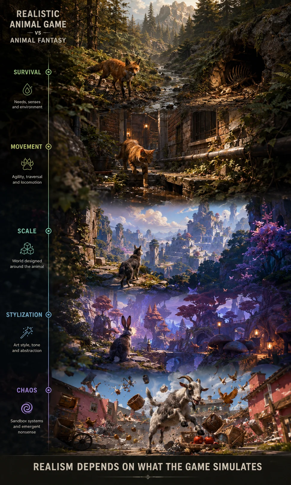 Spectrum comparing realistic animal behavior with exaggerated animal fantasy in video games