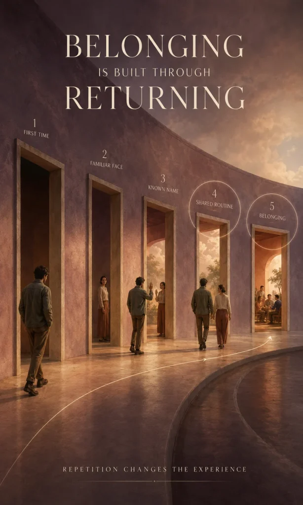Repeated visits through a symbolic corridor showing how familiarity and belonging can gradually rebuild after depression.