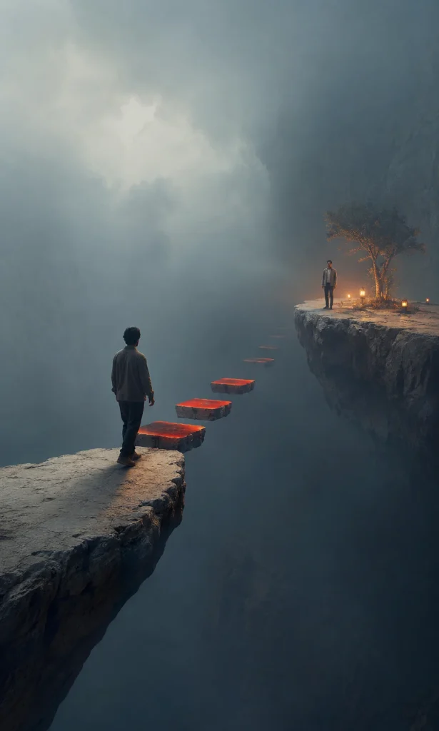 Two people reconnecting across a surreal bridge after social withdrawal