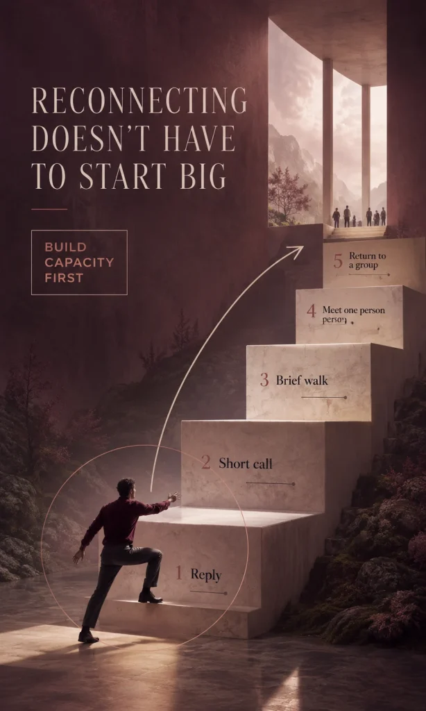 Person taking the first step on a large symbolic staircase showing gradual stages of reconnecting after depression.