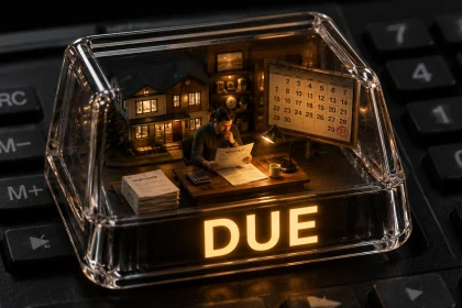 Miniature homeowner inside a transparent mortgage calculator key facing a balloon payment deadline