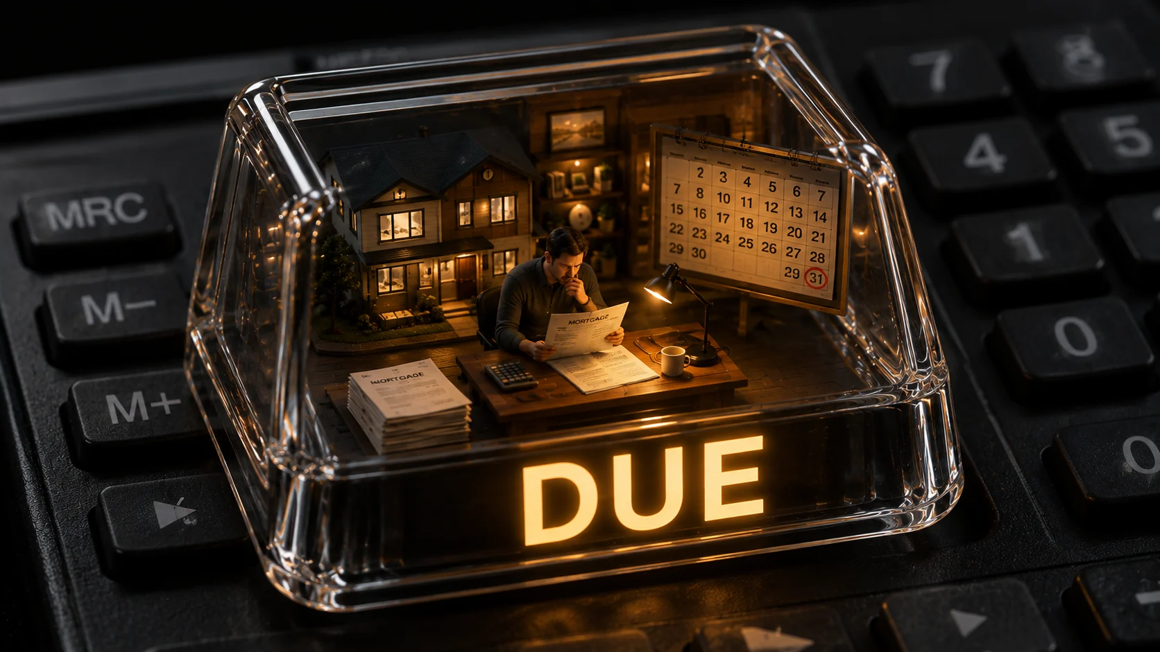 Miniature homeowner inside a transparent mortgage calculator key facing a balloon payment deadline