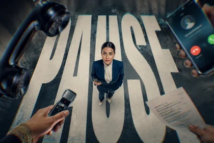 Woman surrounded by phones while standing over giant pause typography representing delayed response latency