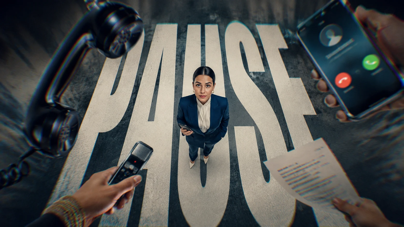 Woman surrounded by phones while standing over giant pause typography representing delayed response latency
