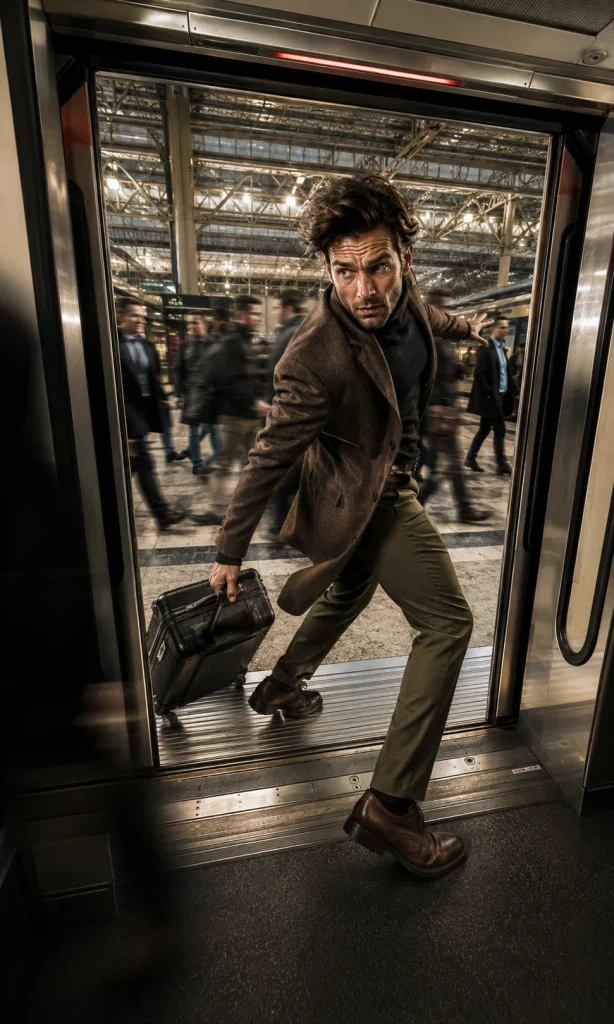 Man caught halfway through a train doorway while pulling his luggage back toward the platform