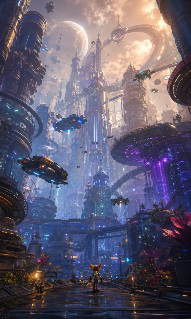 Massive futuristic city surrounding a small playable path in Rift Apart