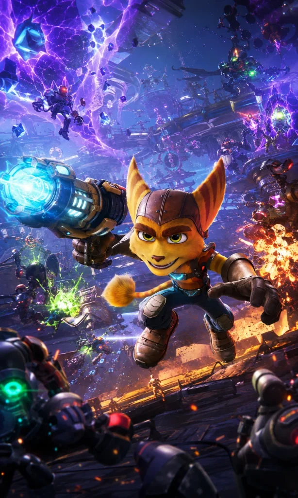 Ratchet using imaginative futuristic weapons during a chaotic alien battle