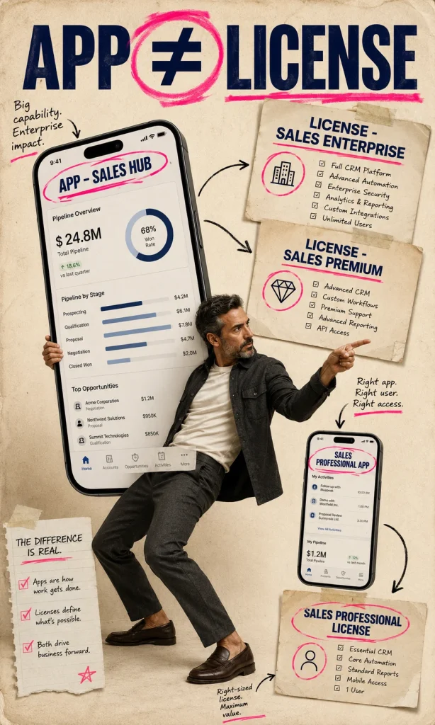 Sales Hub application and Dynamics 365 Sales Enterprise license shown as separate but connected concepts.