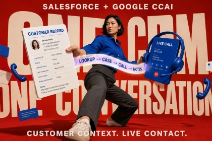 Business professional linking a Salesforce customer record with a Google Contact Center AI live call workflow.
