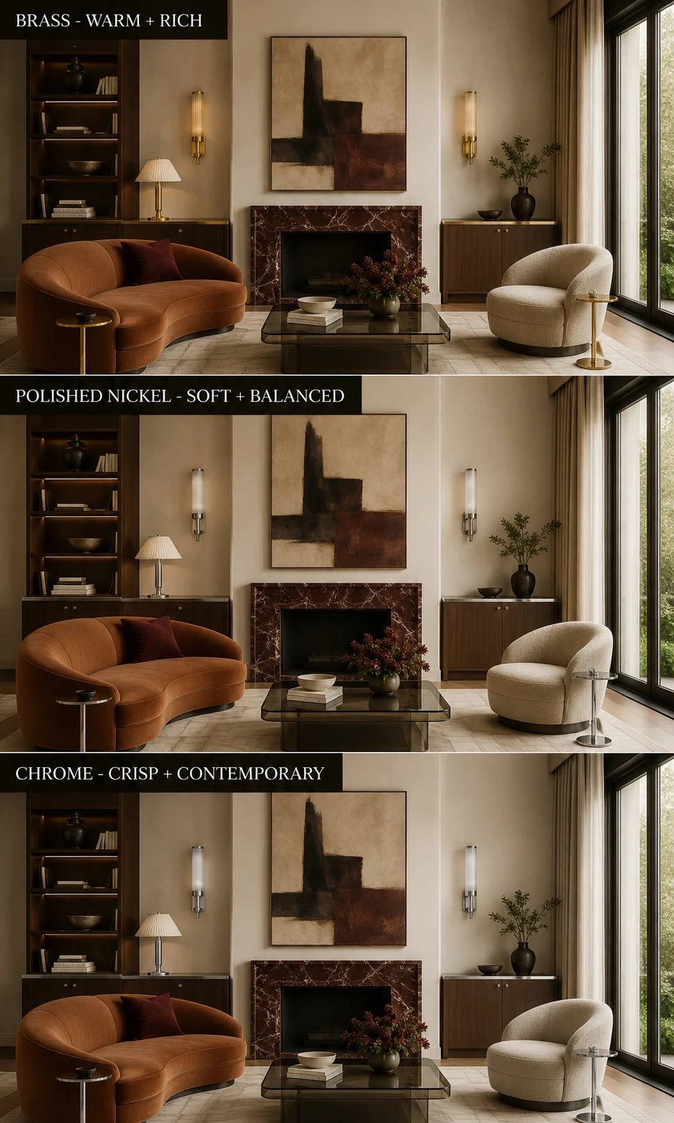 Same interior shown with brass polished nickel and chrome finishes