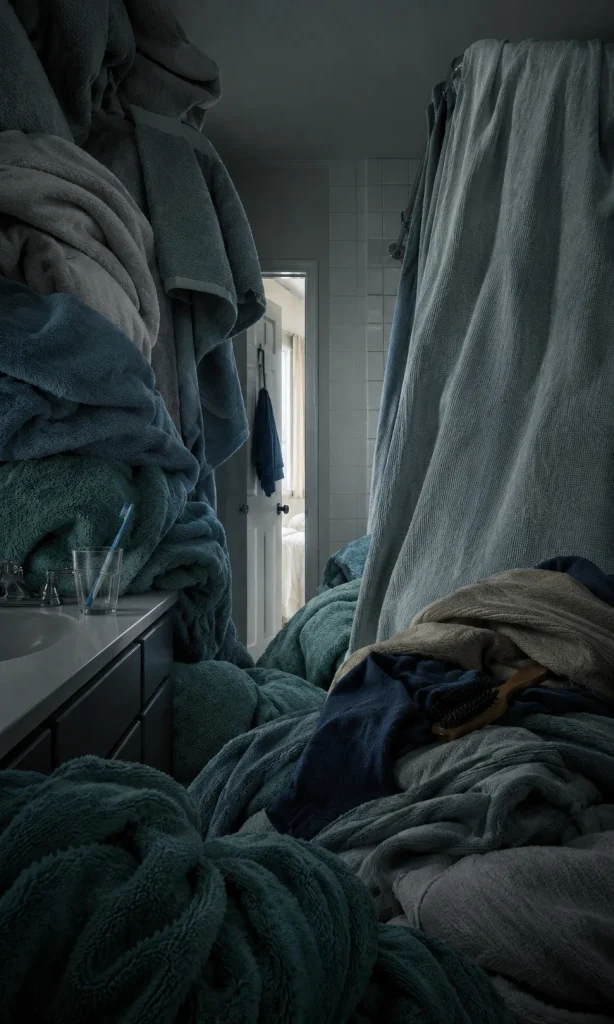 Surreal bathroom gradually obscured by accumulated laundry and unused hygiene items