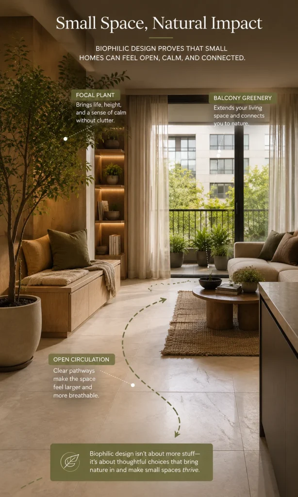 Small apartment biophilic design showing focal plant, balcony greenery and open circulation