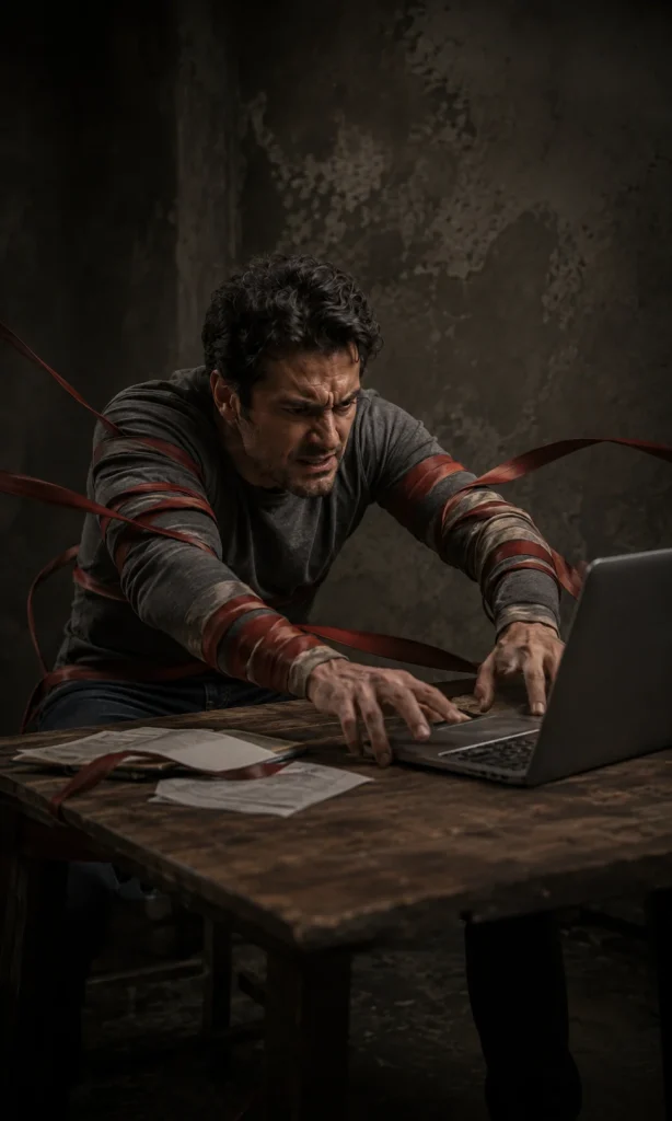 Man pulling free from loose red bands as he reaches forward to begin a small manageable task
