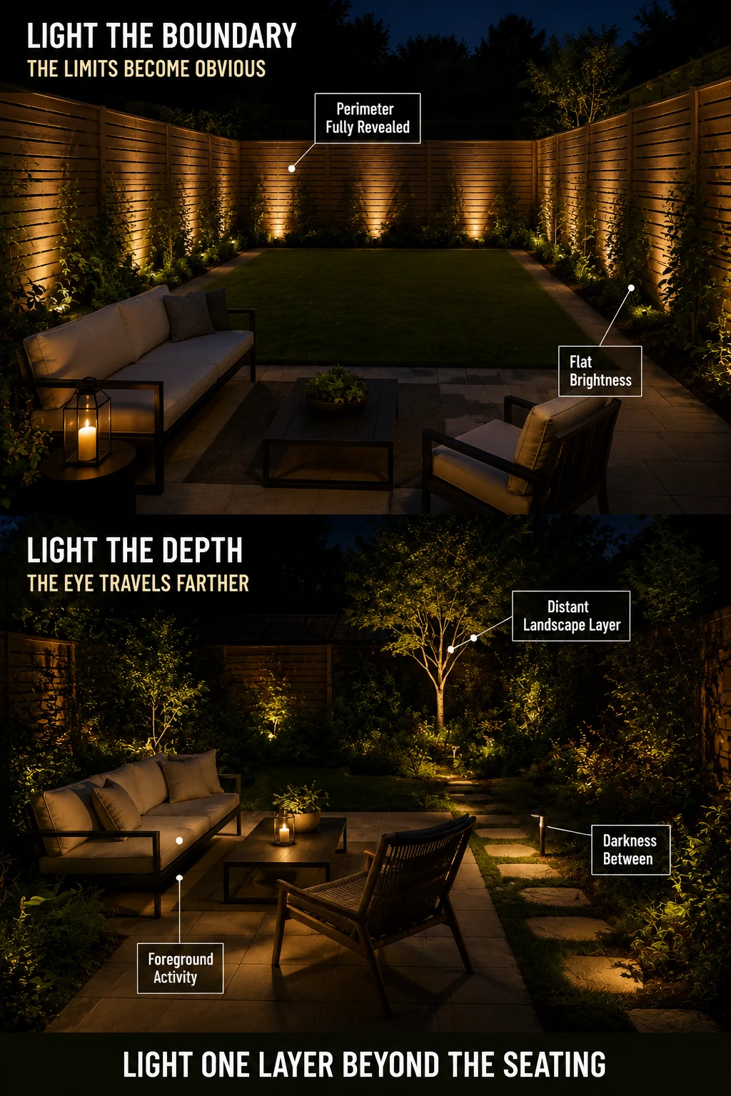 Small garden night lighting comparison showing a fully illuminated boundary versus layered lighting that makes the garden feel deeper
