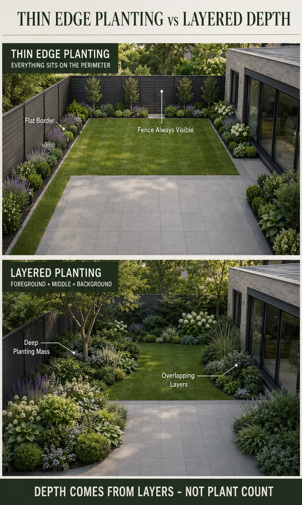 Small garden showing thin planting around every edge versus deeper layered planting that creates visual depth