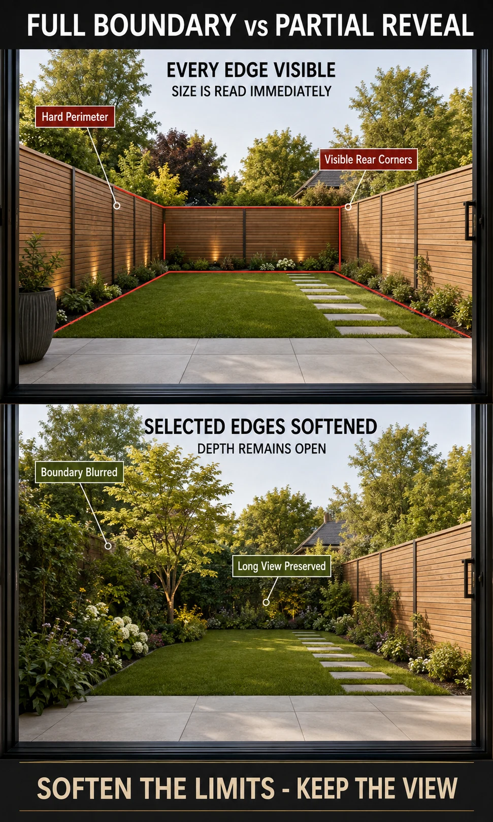 Small garden comparison showing every fence line visible versus planting that partially conceals selected boundaries