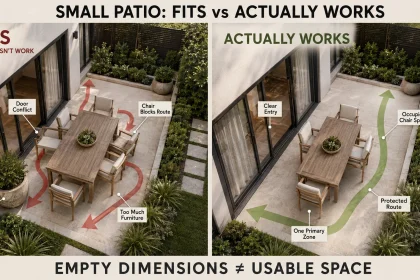 Small garden patio comparison showing furniture that technically fits versus a layout with clear circulation and usable seating