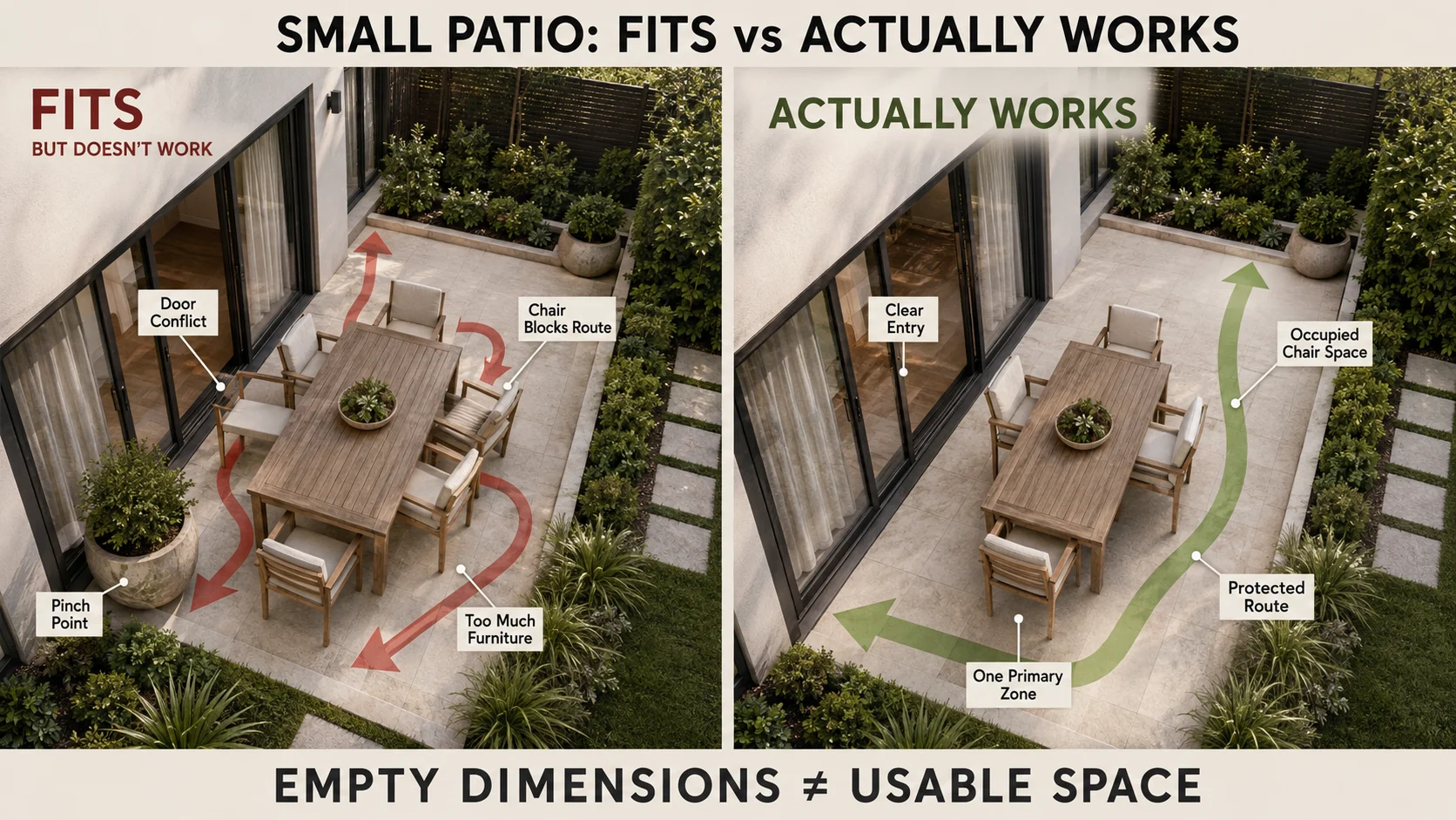 Small garden patio comparison showing furniture that technically fits versus a layout with clear circulation and usable seating