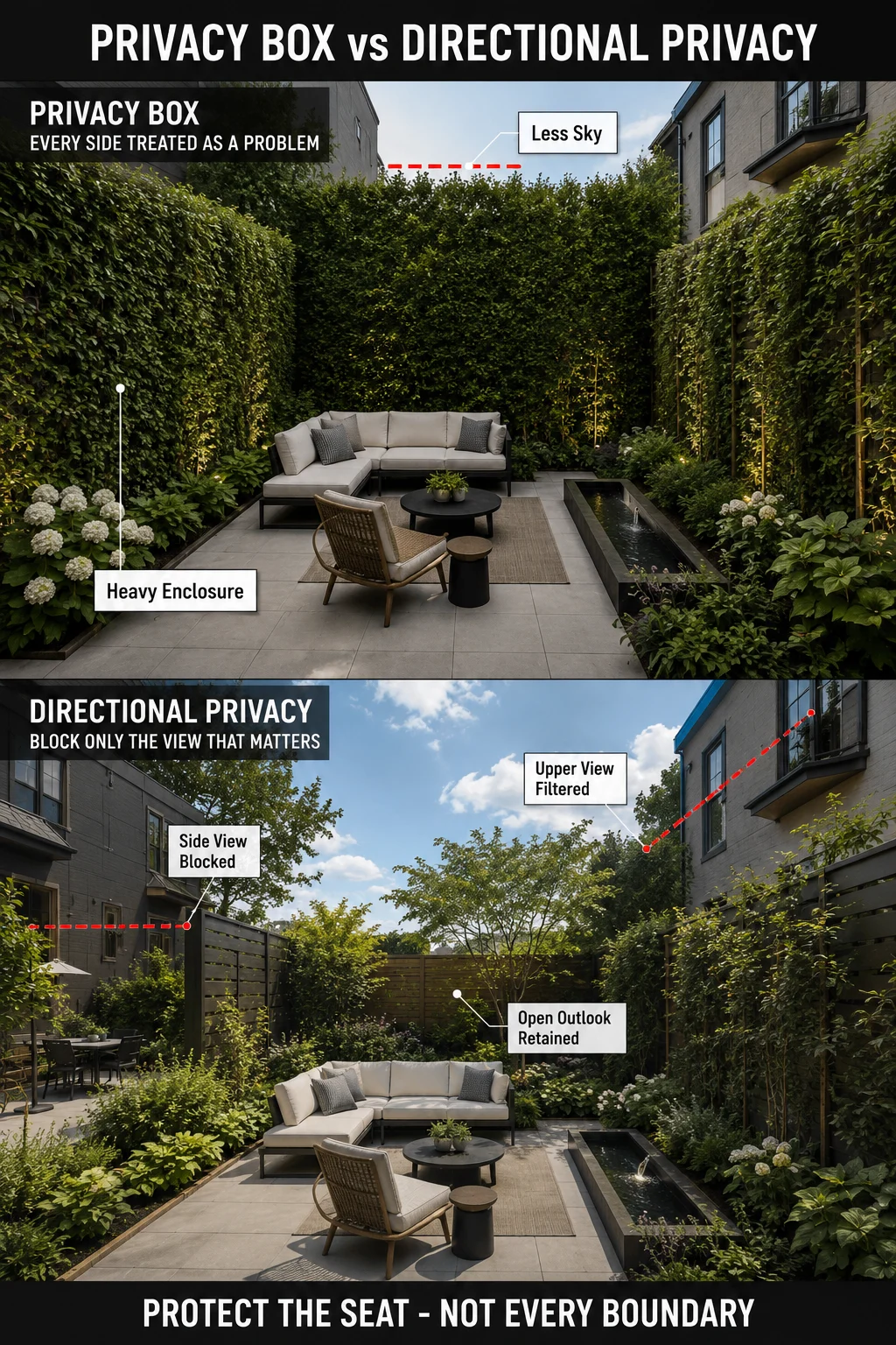 Small garden showing tall screening on every boundary versus targeted privacy screening that preserves sky and depth