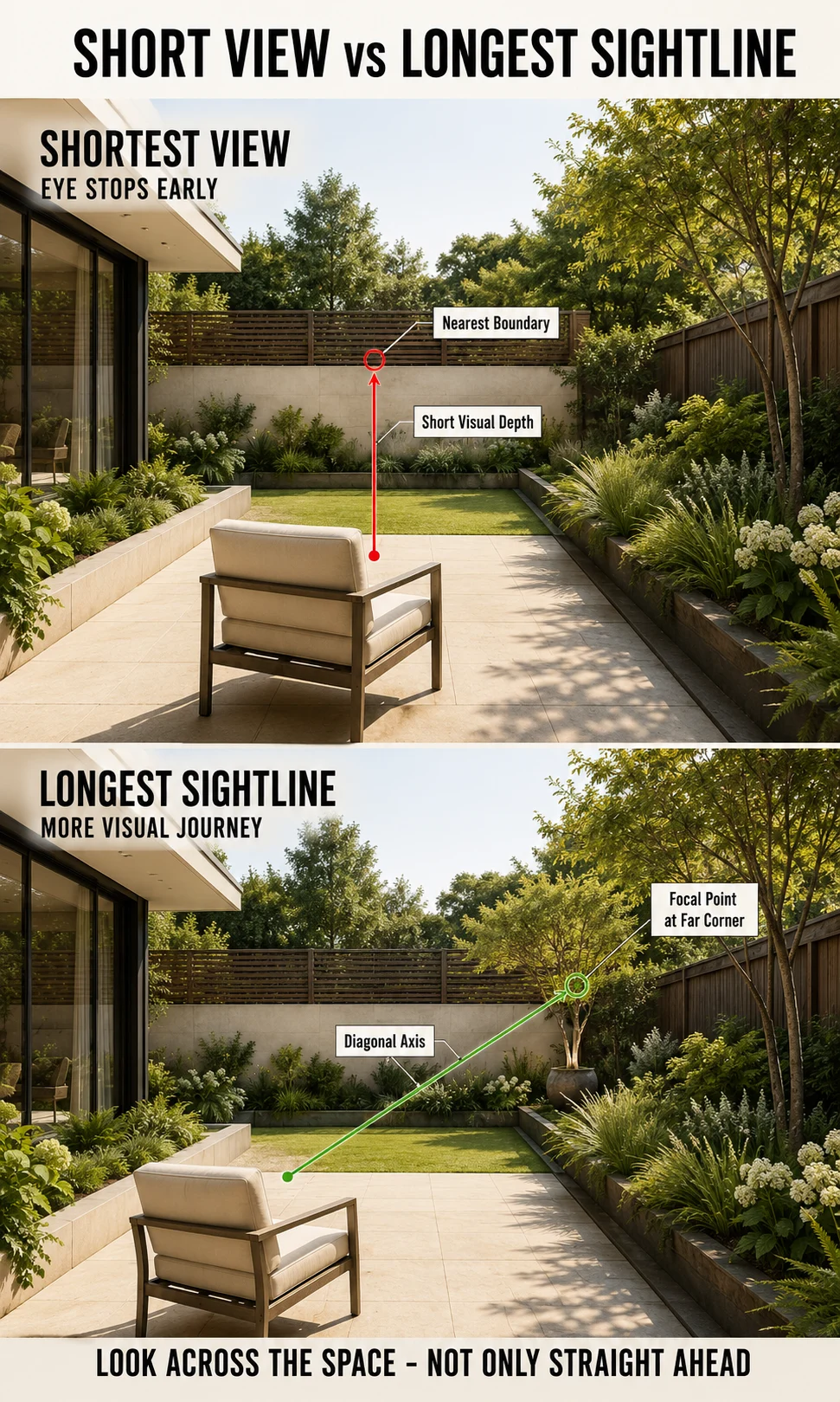 Small garden layout showing a short centered view compared with a longer diagonal sightline across the same garden