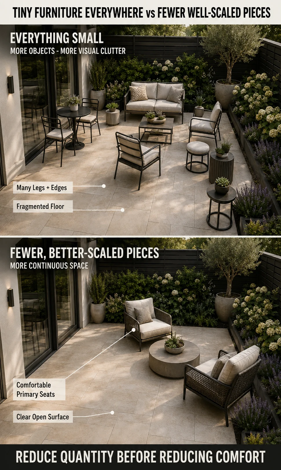 Small patio comparison showing many miniature furniture pieces versus fewer comfortable well-scaled pieces