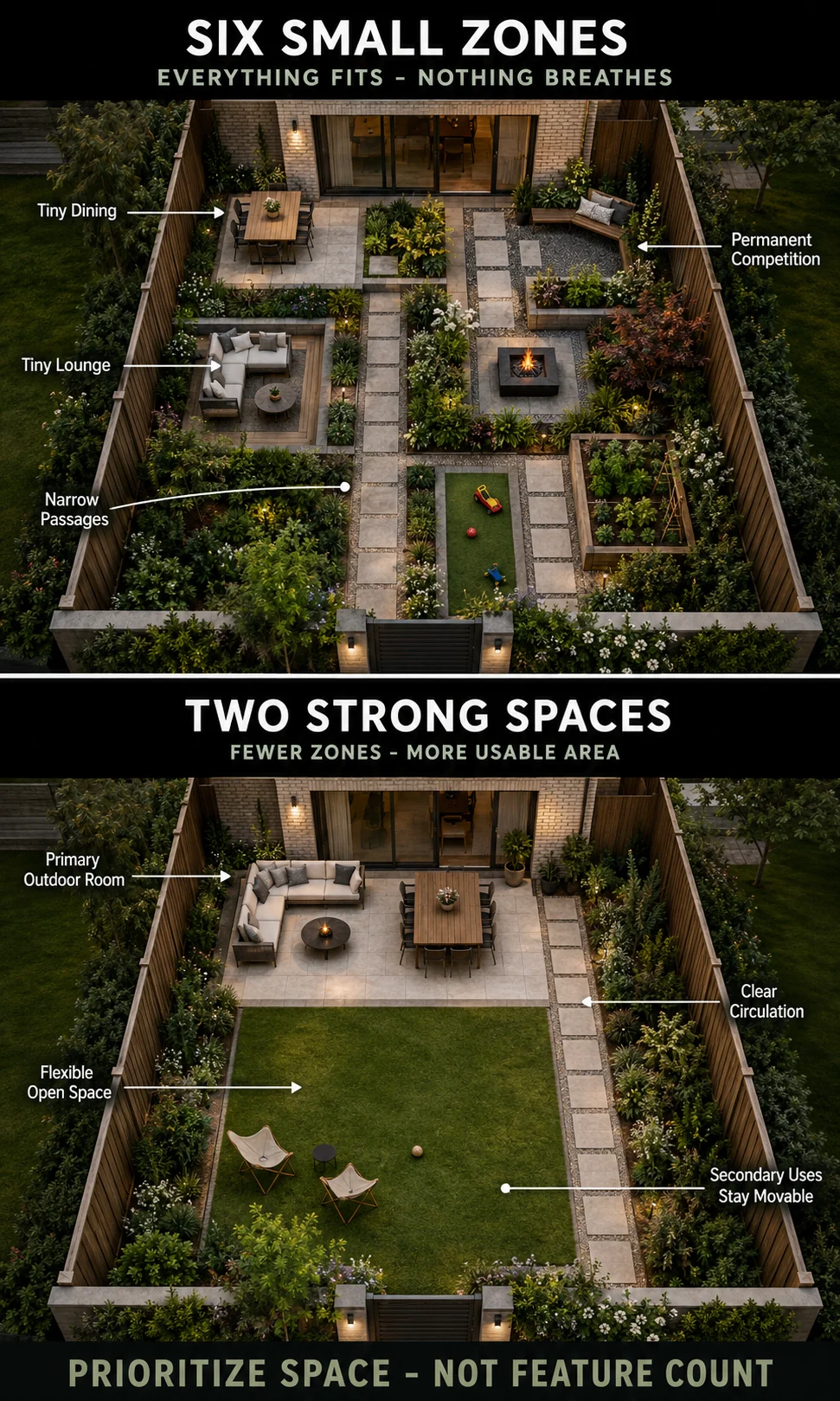 Small backyard comparison showing many tiny activity zones versus two larger flexible spaces